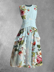 Vintage Floral Art Print Round Neck Chiffon Sleeveless Maxi Dress