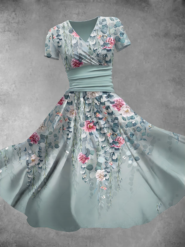 Vintage Floral Print V-Neck Short Sleeve Midi Dress