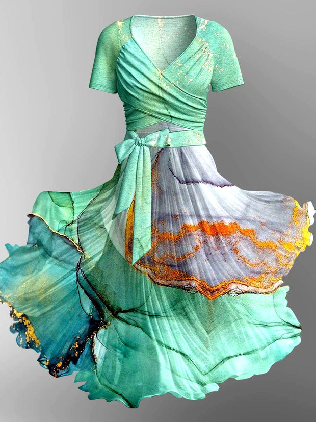 Abstract Marble Art Print Vintage Cross Fold Short Sleeve Two Piece Midi Dress