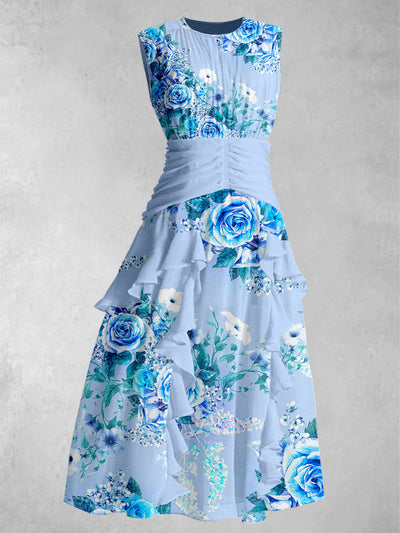 Blue Floral Art Print Round Neck Elegant Chic Chiffon Sleeveless Maxi Dress