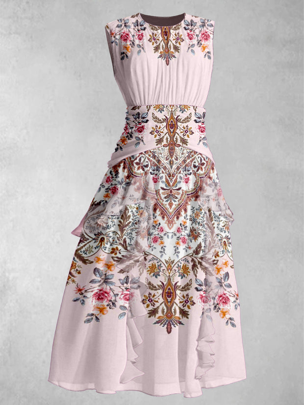 Bohemian Art Print Round Neck Elegant Chic Chiffon Sleeveless Maxi Dress