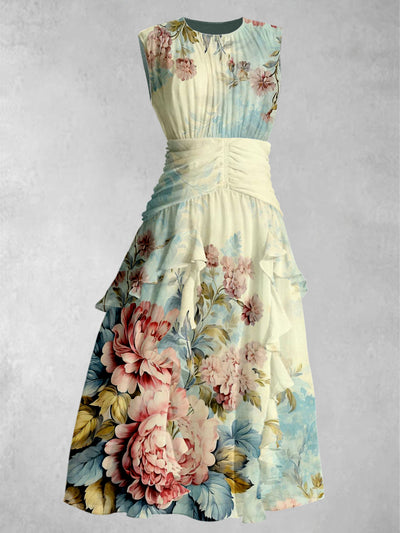 Retro Floral Art Print Round Neck Elegant Chic Chiffon Sleeveless Maxi Dress
