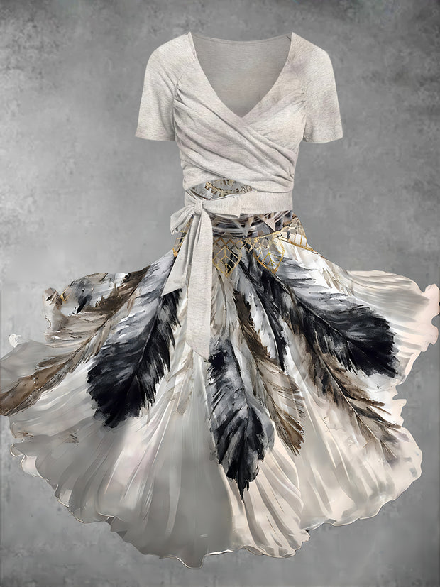 Vintage Feather Art Print V-Neck Short Sleeve Midi Dress Two Piece Dress Set