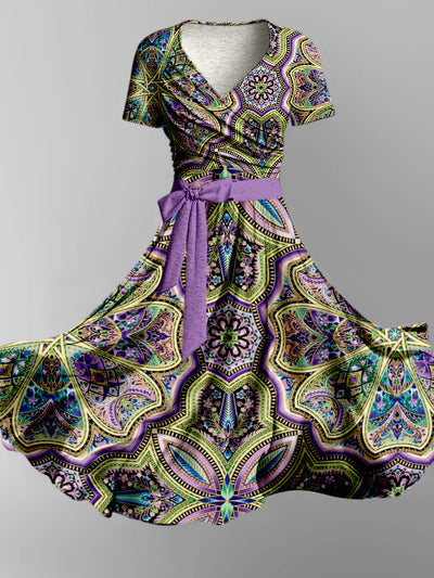 Vintage Bohemian Art Print Short Sleeve Two-Piece Midi Dress