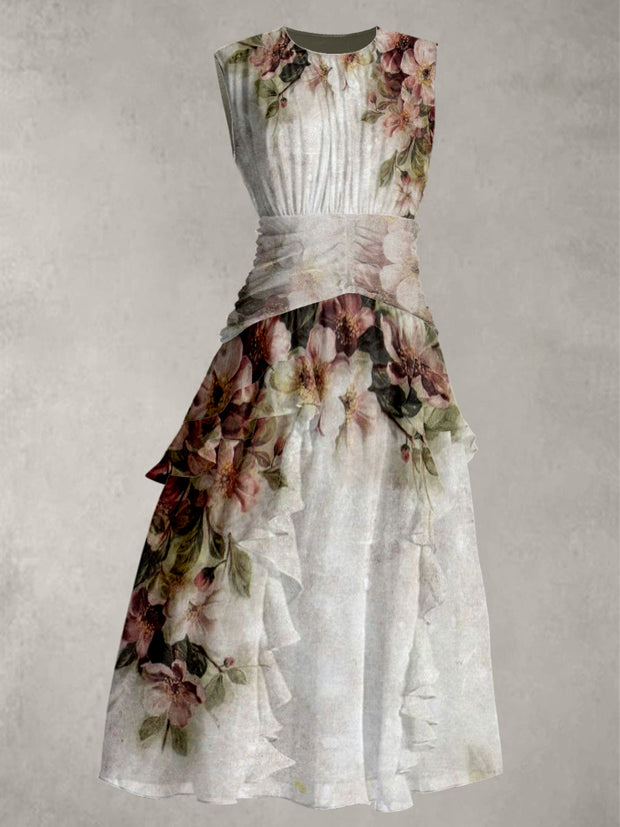 Floral Art Print V-Neck 50's Vintage Chic Sleeveless Maxi Dress