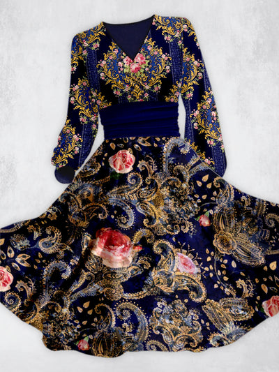 Bohemian Floral Art Print Vintage Chic V-Neck Long Sleeve Midi Dress