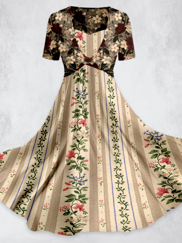 Bohemian Art Printed Vintage Cross Fold Short Sleeve Two-Piece Midi Dress