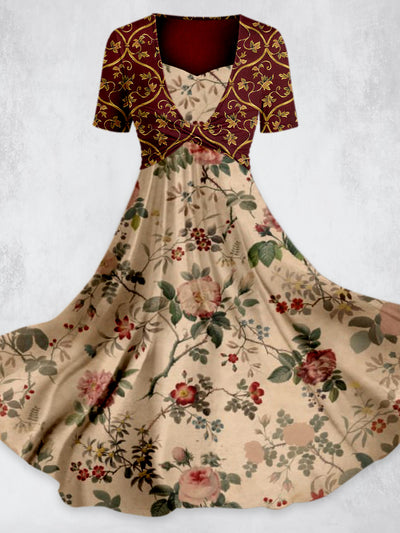 Bohemian Art Printed Vintage Cross Fold Short Sleeve Two-Piece Midi Dress