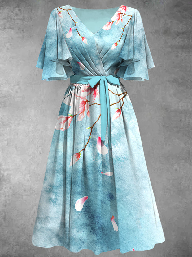 Retro Floral Art Print V-Neck Chic Short Sleeve Midi Dress