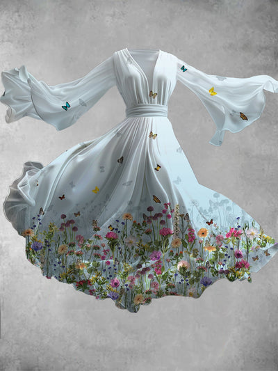 Floral Art Print Vintage V-Neck Long Sleeve Flowy Midi Dress
