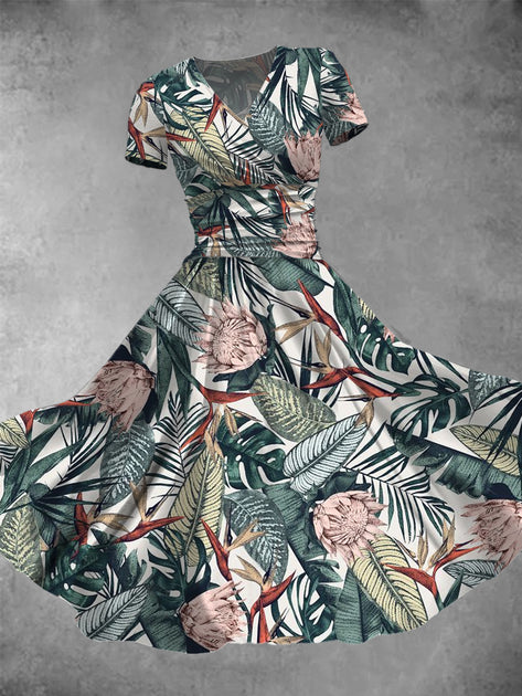 Purple Floral Art Print V-Neck Chic Short Sleeve Vintage Midi Dress main image 1