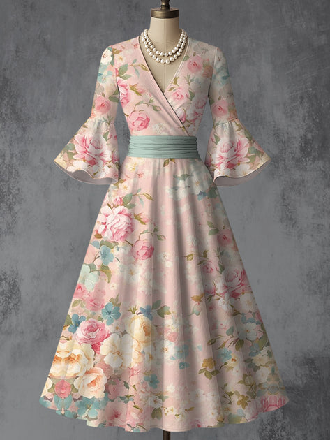 Retro Floral Art Print V-Neck Flare Sleeve Vintage Elegant Dress main image 0