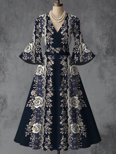 Floral Art Print V-Neck Flare Sleeve Vintage Elegant Dress main image 0