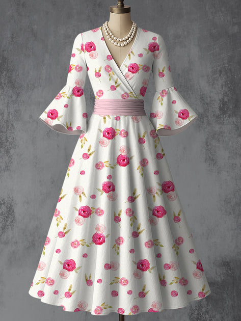 Mexican Floral Art Print V-Neck Flare Sleeve Vintage Elegant Dress main image 0