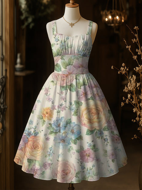 Picture of Retro Floral Art Print Vintage Suspender Dress – alicevintage