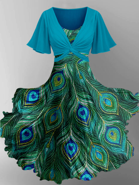 Retro Floral Art Printed Vintage Cross Fold Short Sleeve Two-Piece Midi Dress main image 0