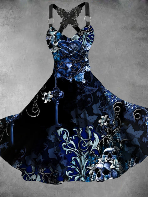 Skull Floral Art Print Vintage Chic Sleeveless Midi Dress