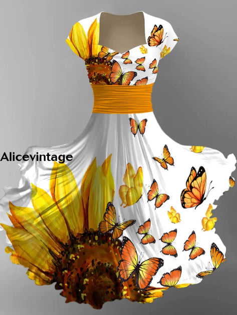 Gold Leaf Print Vintage V-Neck Long Sleeve Two-Piece Midi Dress main image 1