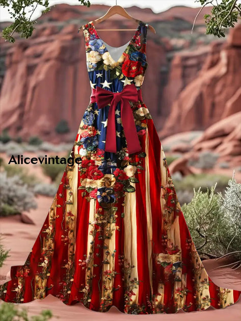 Retro American Flag Boho Floral Art Print V-Neck Sleeveless Cotton Maxi Dress