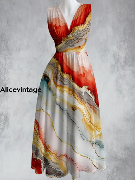 Vintage Floral Design Printed V-Neck 50's Elegant Chic Sleeveless Maxi Dress main image 1