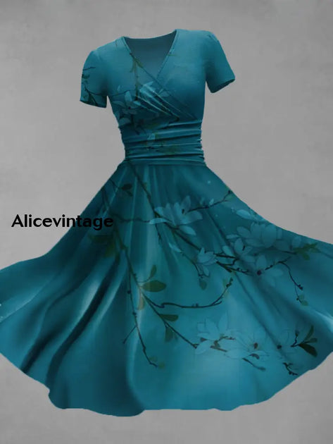 Vintage Bohemian Floral Print V Neck Elegant Chic Loose Short Sleeve Midi Dress main image 1