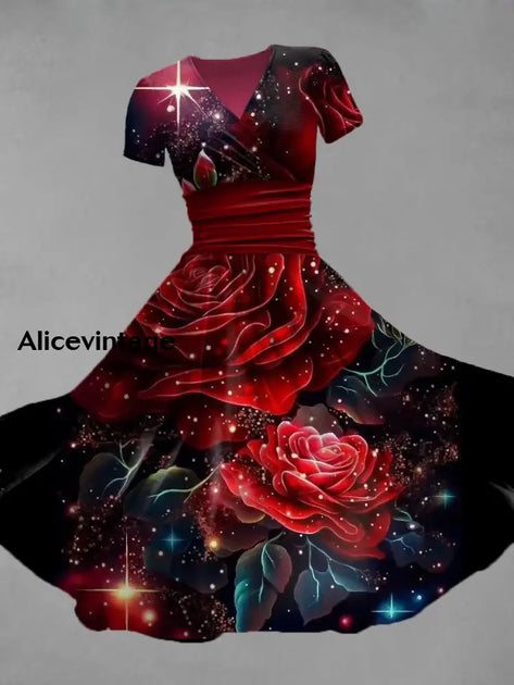 Vintage Bohemian Floral Print V Neck Elegant Chic Loose Short Sleeve Midi Dress