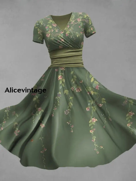 Floral Print V-Neck Short Sleeve Vintage Midi Dress  alicevintage