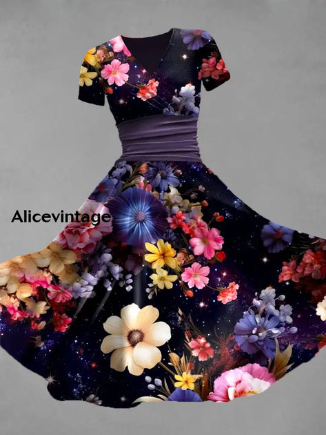 Retro Floral Art Print V-Neck Short Sleeve Vintage Maxi Dress