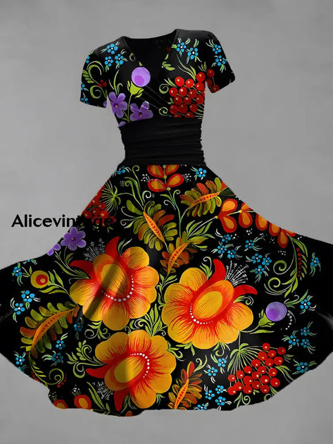 Mexican Floral Print V-Neck Short Sleeve Vintage Dress  alicevintage