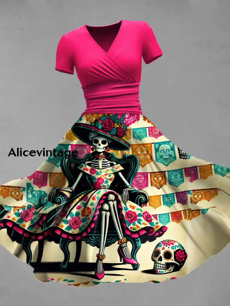 Mexican Floral Print V-Neck Short Sleeve Vintage Midi Dress main image 1