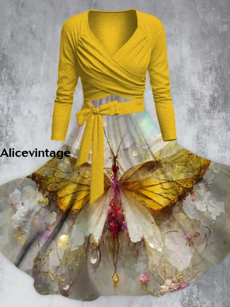 Vintage Butterfly Print V-Neck Short Sleeve Two-Piece Midi Dress main image 1