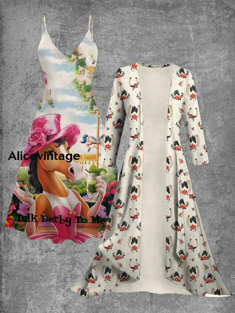 Derby Art Print Vintage Elegant Suspender Dress Two Piece Sets ...