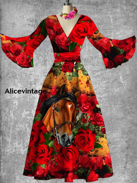 Horse Art Print V-Neck Button Up Retro Midi Dress Derby Dress main image 0
