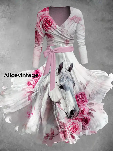 Horse Floral Art Print Short Sleeve Vintage Dress Derby Dress