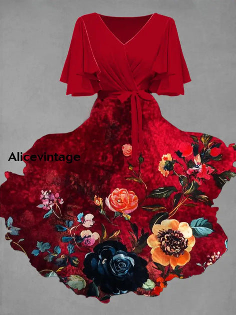Vintage Horse Racing Floral Print V Neck Short Sleeve Midi Dress