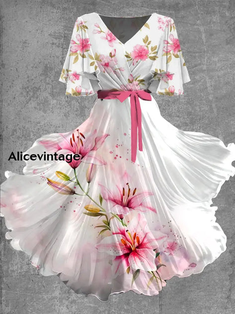 Vintage Floral Art Print Chic V-Neck Short Sleeve Midi Dress  alicevintage