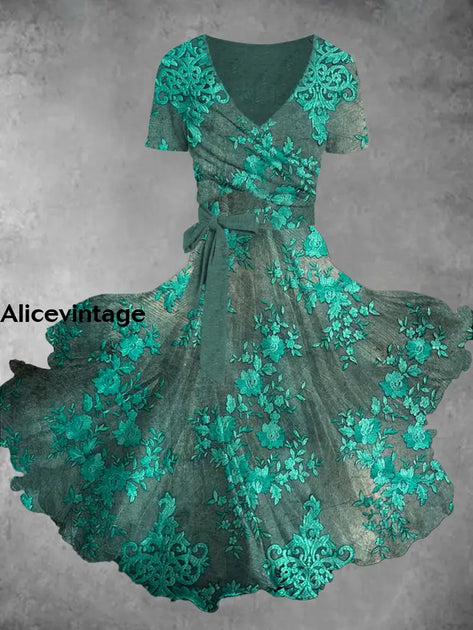 Abstract Color Printed Vintage Cross Fold Short Sleeve Two-Piece Midi Dress main image 1