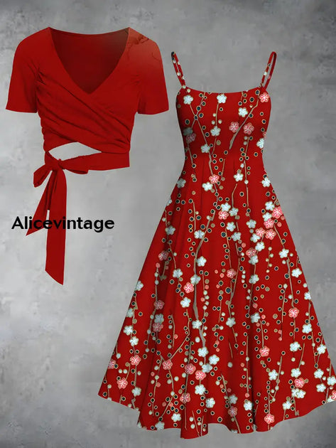 Floral Print Vintage V-Neck Long Sleeve Two Piece Midi Dress main image 1