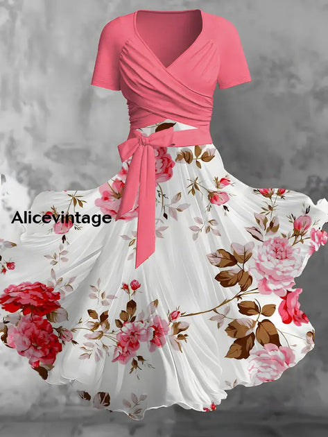 Vintage Floral Print V-Neck Long Sleeve Two-Piece Midi Dress main image 1