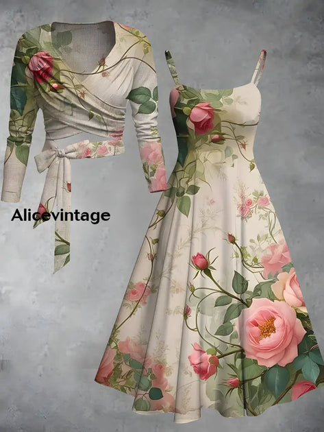 Vintage Floral Print V-Neck Long Sleeve Two-Piece Midi Dress  alicevintage