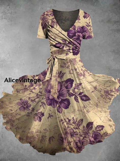Vintage Floral Print V-Neck Short Sleeve Two-Piece Midi Dress ...