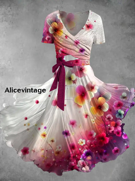 Floral Print Retro V-Neck Short Sleeve Two-Piece Midi Dress main image 0