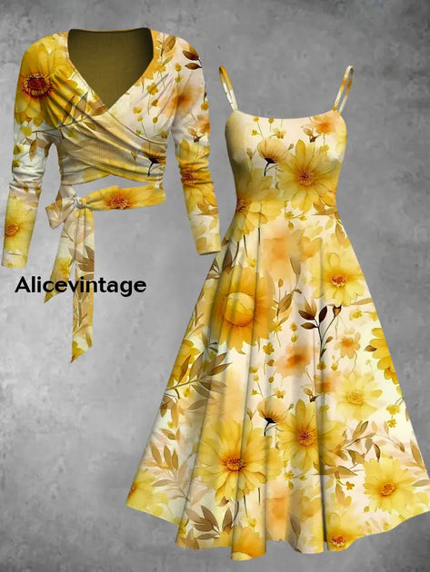 Floral Art Print Vintage Short Sleeve Two-Piece Midi Dress main image 1