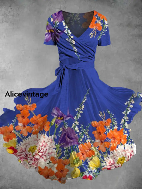 Vintage Bohemian Art Print Short Sleeve Two-Piece Midi Dress