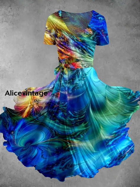 Gradient Marble Art Print Vintage Elegant V-Neck Long Sleeve Two Piece Midi Dress main image 0