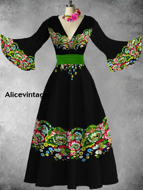 Mexican Floral Art Print Short Sleeve Vintage Dress main image 1