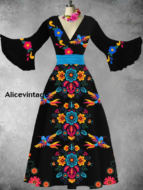 Mexican Floral Art Print V-Neck Flare Sleeve Vintage Elegant Dress main image 1