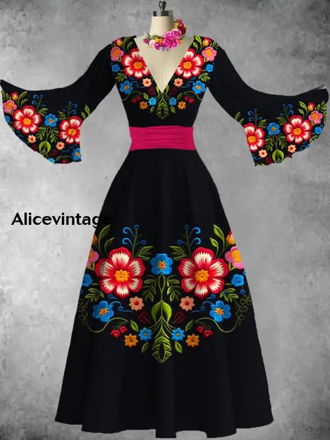Mexican Floral Art Print Short Sleeve Vintage Elegant Dress main image 0
