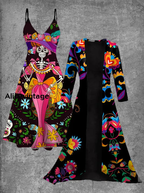 Mexican Floral Art Print Vintage Long Sleeve Two-Piece Midi Dress main image 0