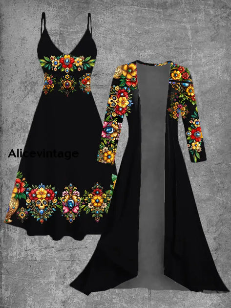 Mexican Floral Art Print Vintage Suspender Dress main image 0